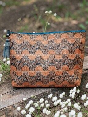 Handcrafted "Fanflower" Leather-Embossed Zipper Pouch Clutch